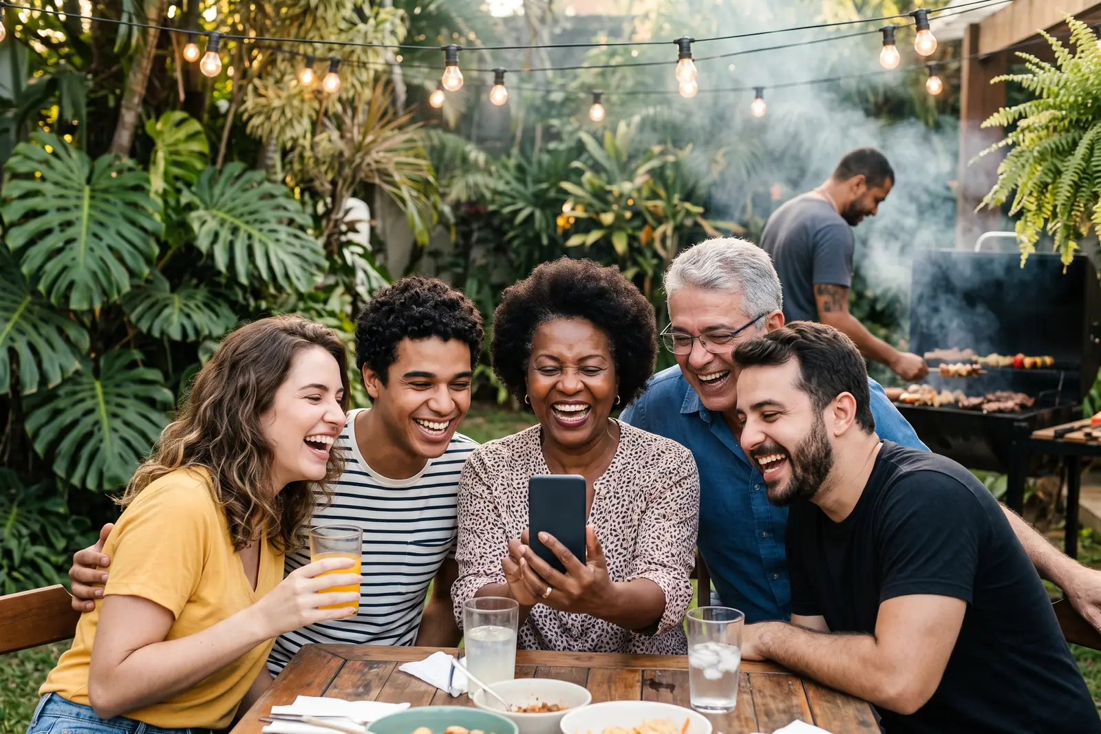 Turma de amigos rindo juntos num churrasco de fim de semana, olhando um celular