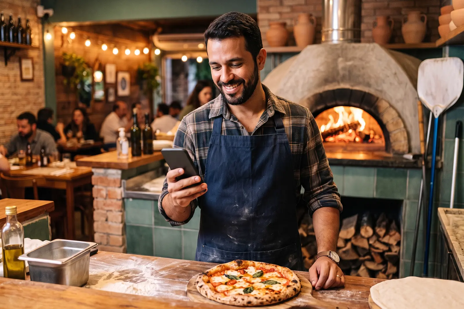 Pizzaiolo olhando o celular no balcão da pizzaria, com o forno a lenha aceso ao fundo.